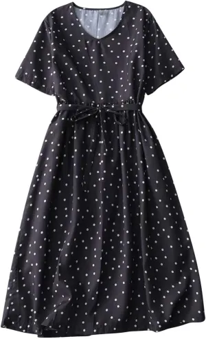 Womens Cotton Linen Dresses Summer Short Sleeve Polka Dot A Line Dresses Flowy Summer Vacation Clothes
