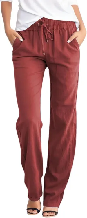 Womens Cotton Linen Summer Palazzo Pant Flowy Wide Leg Beach Pants High Waist Soft Trouser with Pocket