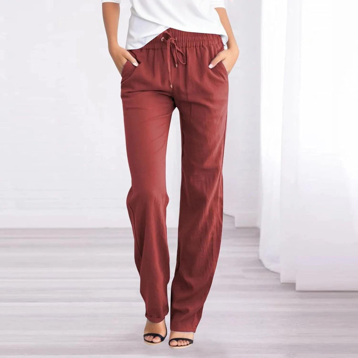 Womens Cotton Linen Summer Palazzo Pant Flowy Wide Leg Beach Pants High Waist Soft Trouser with Pocket