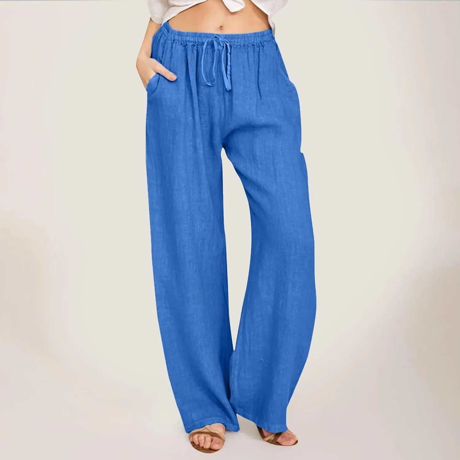 Womens Cotton Linen Summer Palazzo Pant Flowy Wide Leg Beach Pants High Waist Soft Trouser with Pocket