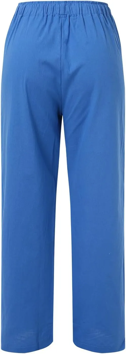 Womens Cotton Linen Summer Palazzo Pant Flowy Wide Leg Beach Pants High Waist Soft Trouser with Pocket