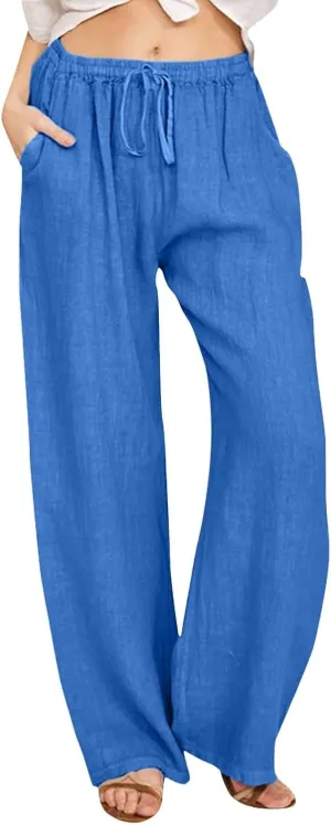 Womens Cotton Linen Summer Palazzo Pant Flowy Wide Leg Beach Pants High Waist Soft Trouser with Pocket