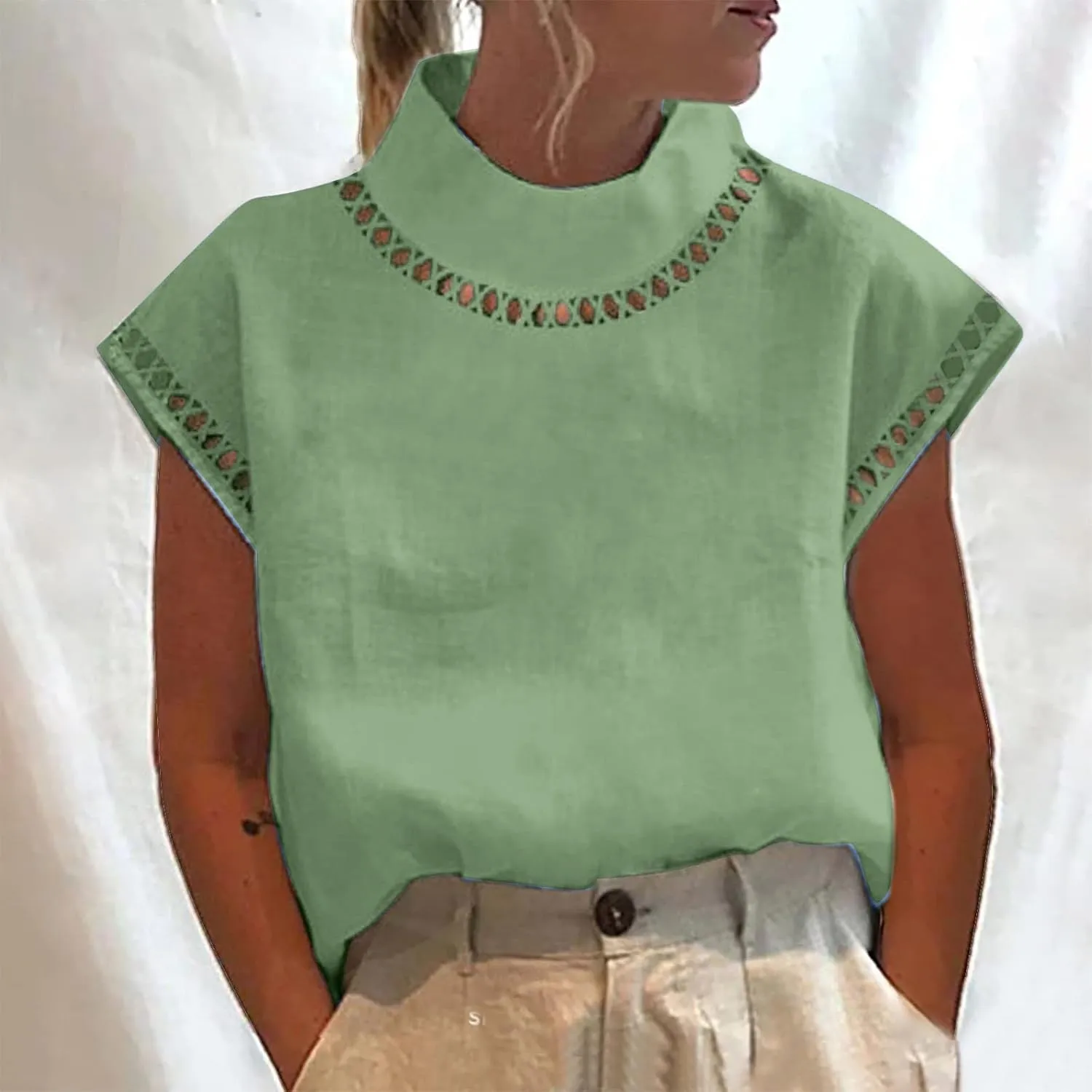 Womens Cotton Linen Tops Temperament Flying Sleeve Shirts High Round Neck Basic Summer Loose Fit Blouse Tees T-Shirt