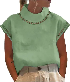 Womens Cotton Linen Tops Temperament Flying Sleeve Shirts High Round Neck Basic Summer Loose Fit Blouse Tees T-Shirt