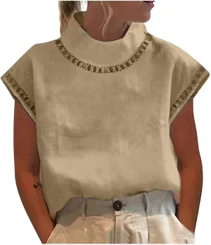 Womens Cotton Linen Tops Temperament Flying Sleeve Shirts High Round Neck Basic Summer Loose Fit Blouse Tees T-Shirt