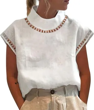 Womens Cotton Linen Tops Temperament Flying Sleeve Shirts High Round Neck Basic Summer Loose Fit Blouse Tees T-Shirt