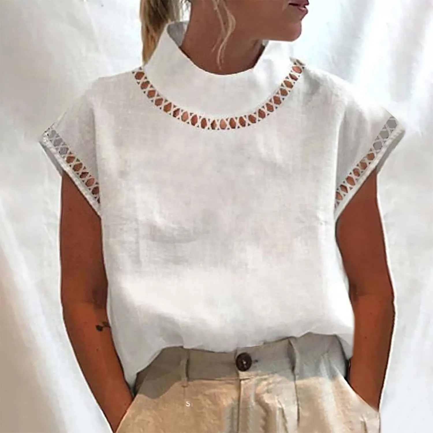 Womens Cotton Linen Tops Temperament Flying Sleeve Shirts High Round Neck Basic Summer Loose Fit Blouse Tees T-Shirt