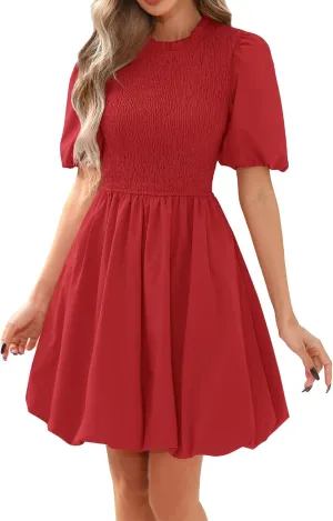 Womens Dress Puff Sleeve Smocked Mini Dresses Ruffle Crewneck Boho Casual Dress Summer Bubble A Line Dresses 2025
