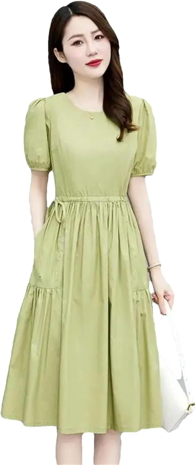 Womens Elegant A-Line Dresses Vintage Casual Round Neck Short Sleeve Dress with Pockets