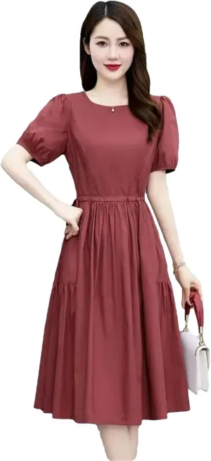 Womens Elegant A-Line Dresses Vintage Casual Round Neck Short Sleeve Dress with Pockets