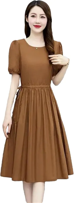 Womens Elegant A-Line Dresses Vintage Casual Round Neck Short Sleeve Dress with Pockets