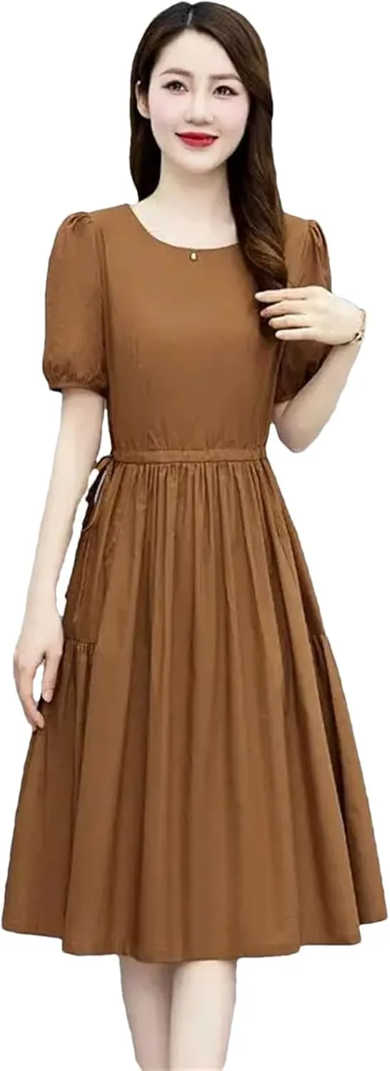 Womens Elegant A-Line Dresses Vintage Casual Round Neck Short Sleeve Dress with Pockets