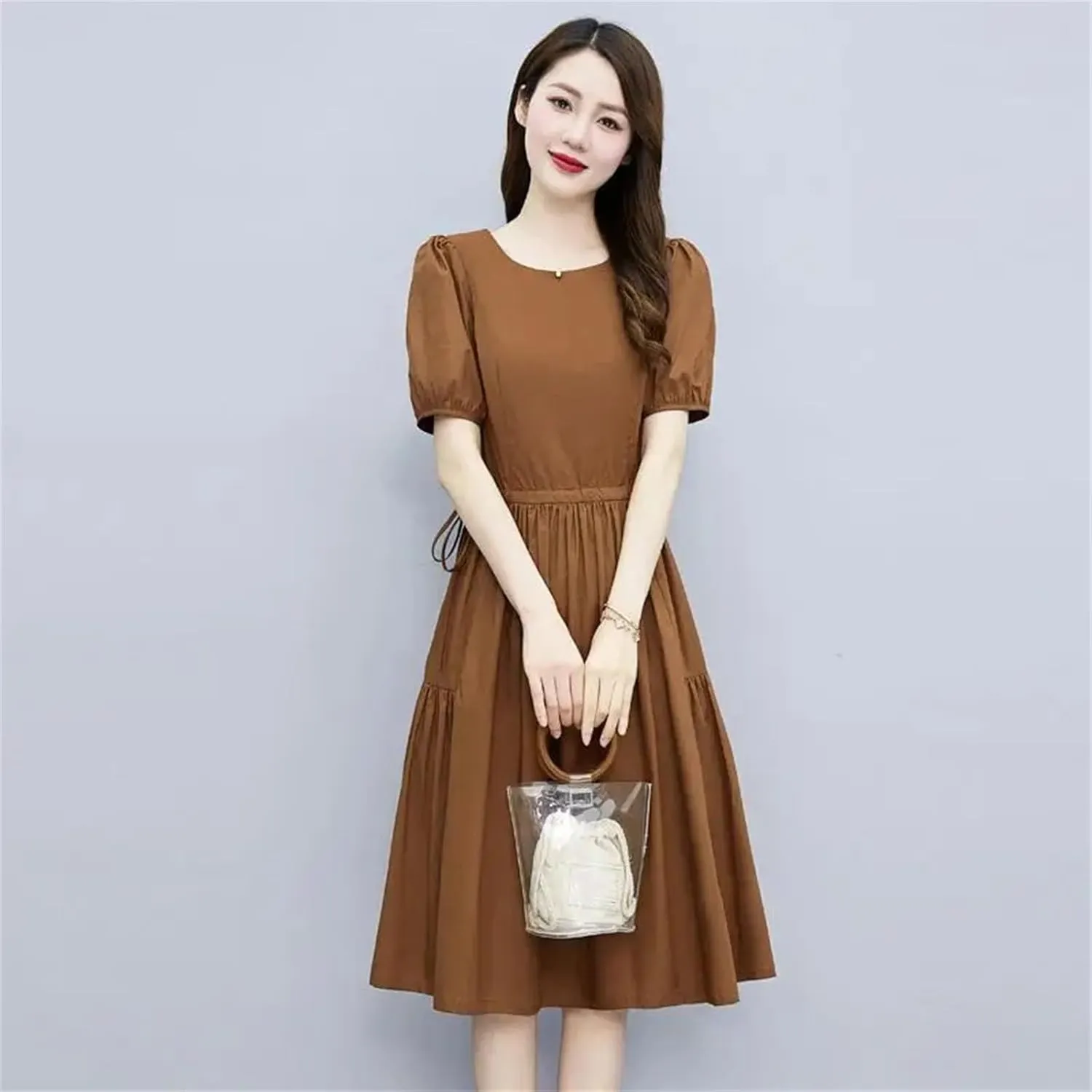Womens Elegant A-Line Dresses Vintage Casual Round Neck Short Sleeve Dress with Pockets