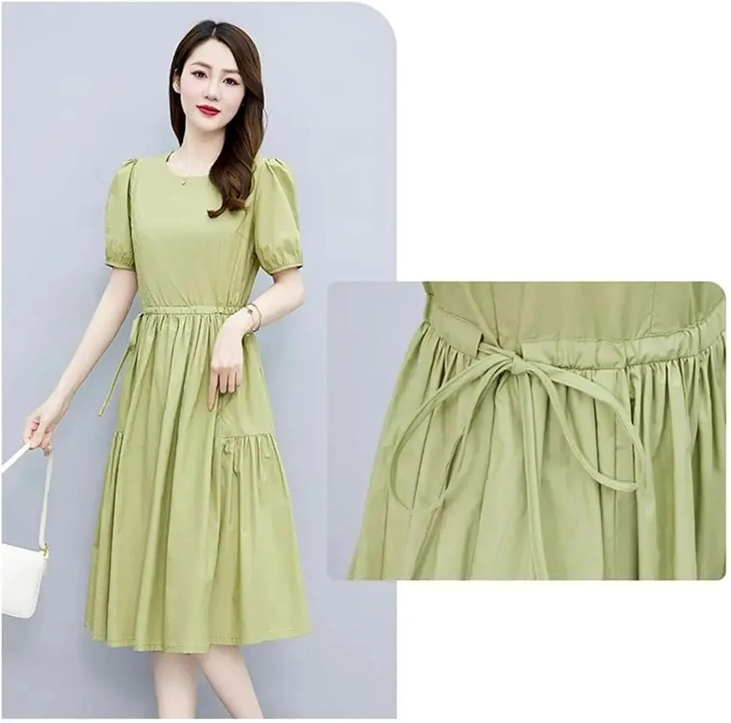 Womens Elegant A-Line Dresses Vintage Casual Round Neck Short Sleeve Dress with Pockets