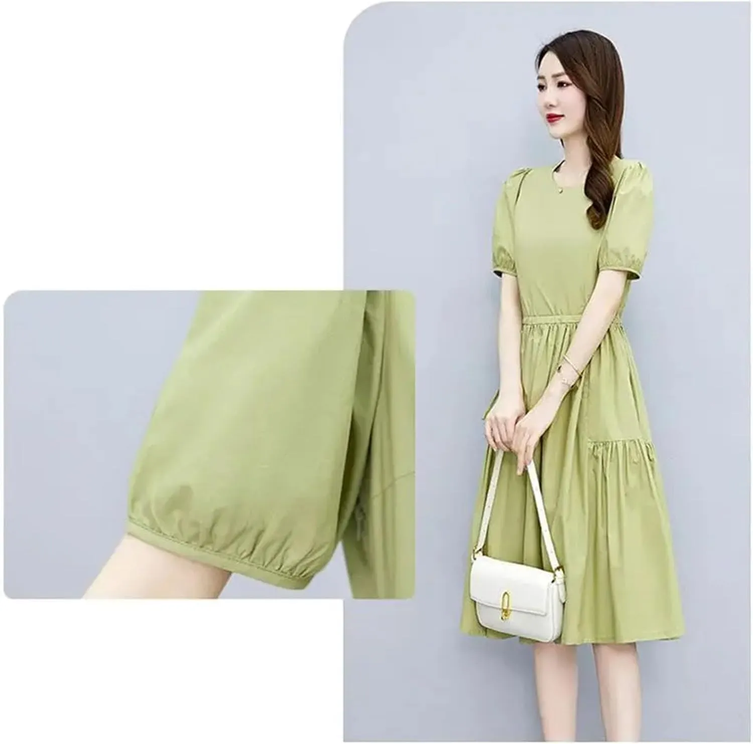 Womens Elegant A-Line Dresses Vintage Casual Round Neck Short Sleeve Dress with Pockets