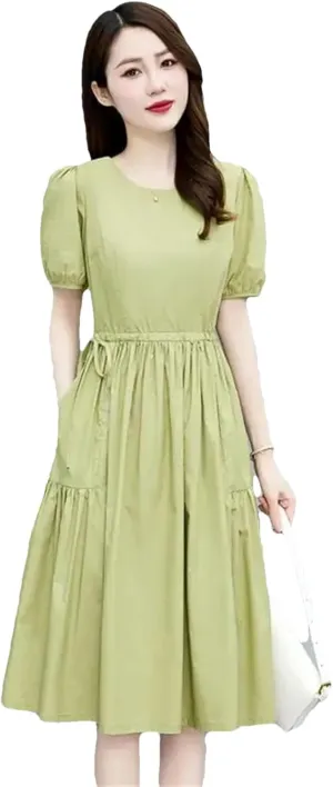 Womens Elegant A-Line Dresses Vintage Casual Round Neck Short Sleeve Dress with Pockets