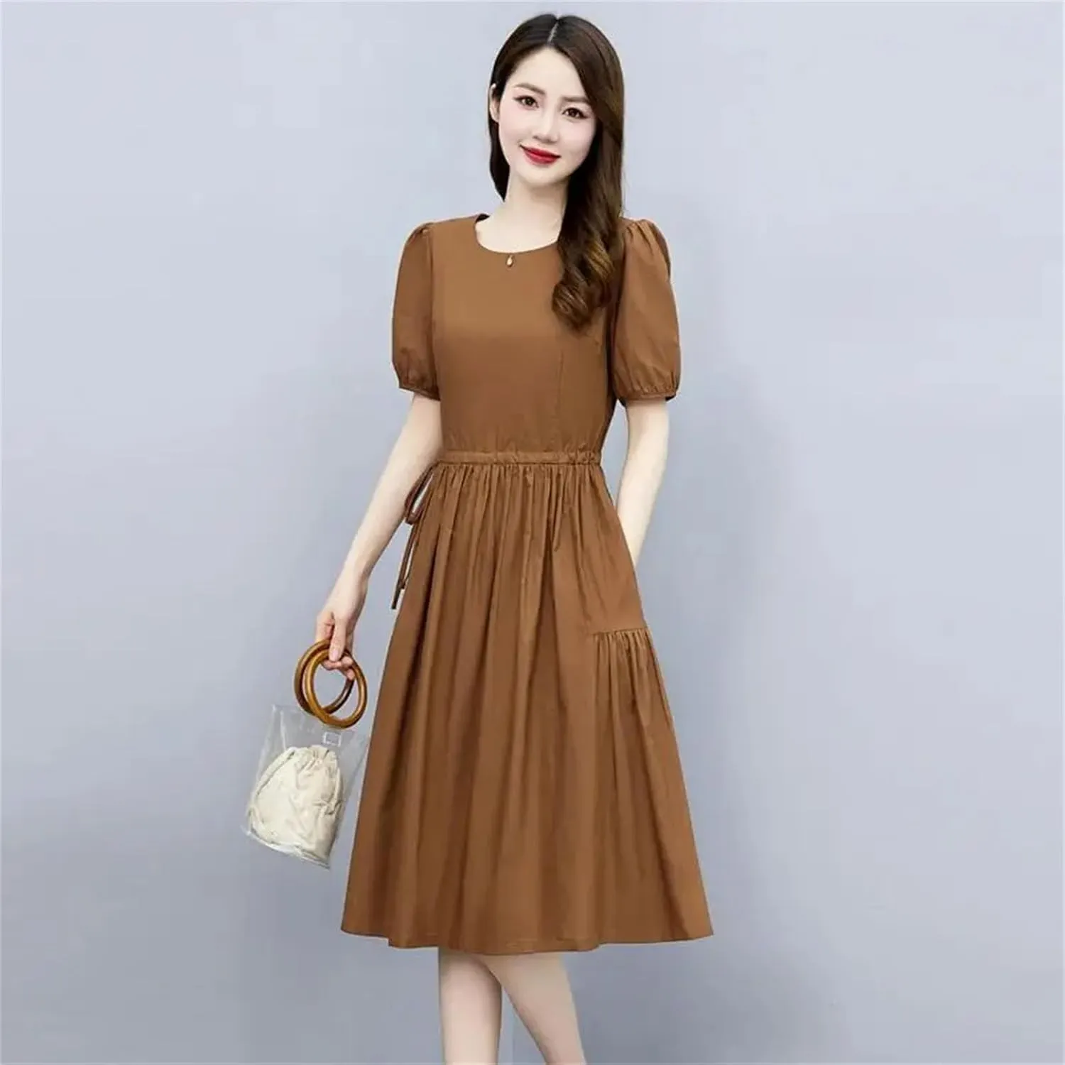 Womens Elegant A-Line Dresses Vintage Casual Round Neck Short Sleeve Dress with Pockets
