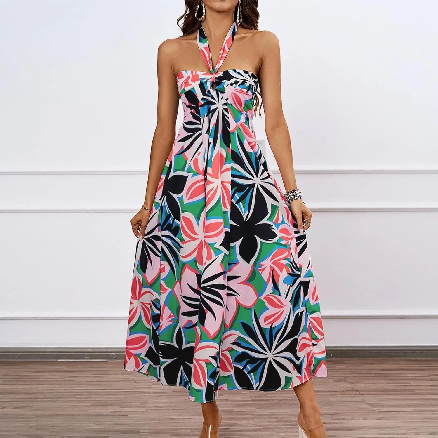Women's Fashion Halter Dress Floral Print Casual Loose A-line Dresses Summer Trendy Flowy Beach Sundress