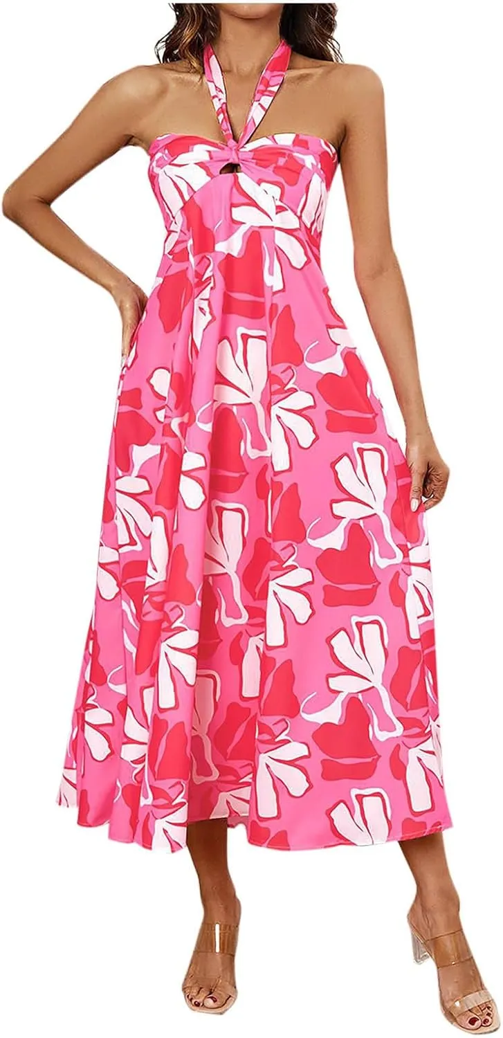 Women's Fashion Halter Dress Floral Print Casual Loose A-line Dresses Summer Trendy Flowy Beach Sundress