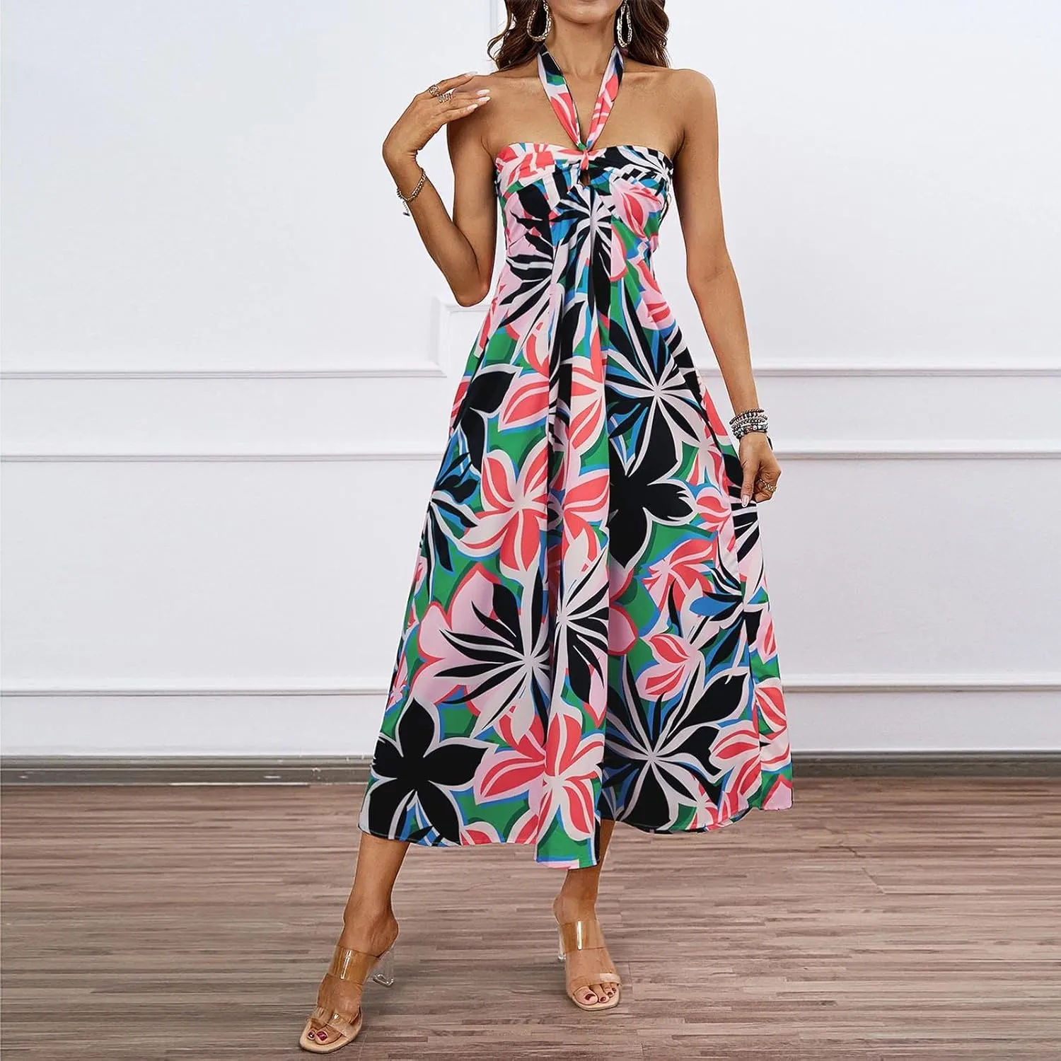 Women's Fashion Halter Dress Floral Print Casual Loose A-line Dresses Summer Trendy Flowy Beach Sundress