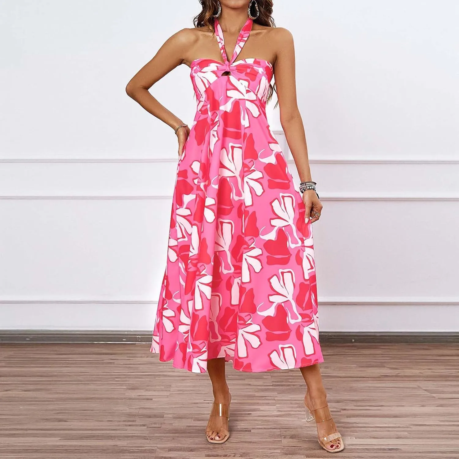 Women's Fashion Halter Dress Floral Print Casual Loose A-line Dresses Summer Trendy Flowy Beach Sundress