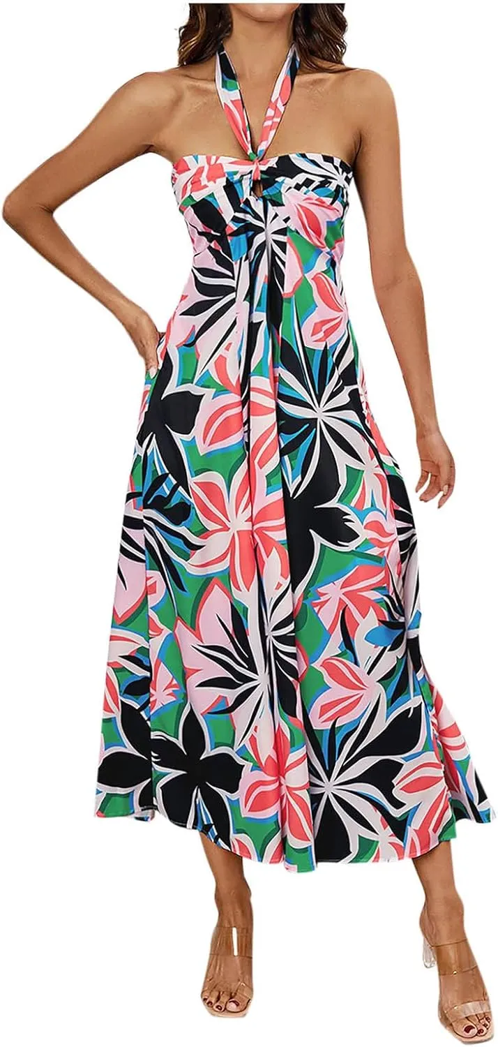 Women's Fashion Halter Dress Floral Print Casual Loose A-line Dresses Summer Trendy Flowy Beach Sundress