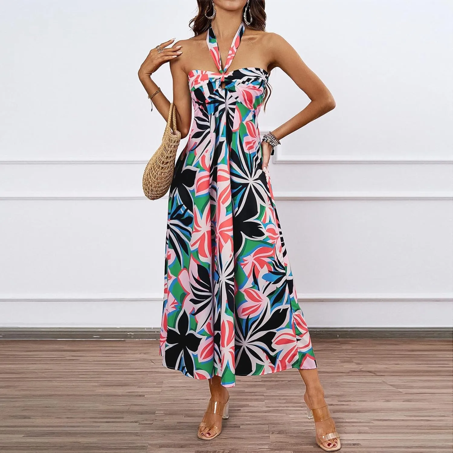 Women's Fashion Halter Dress Floral Print Casual Loose A-line Dresses Summer Trendy Flowy Beach Sundress