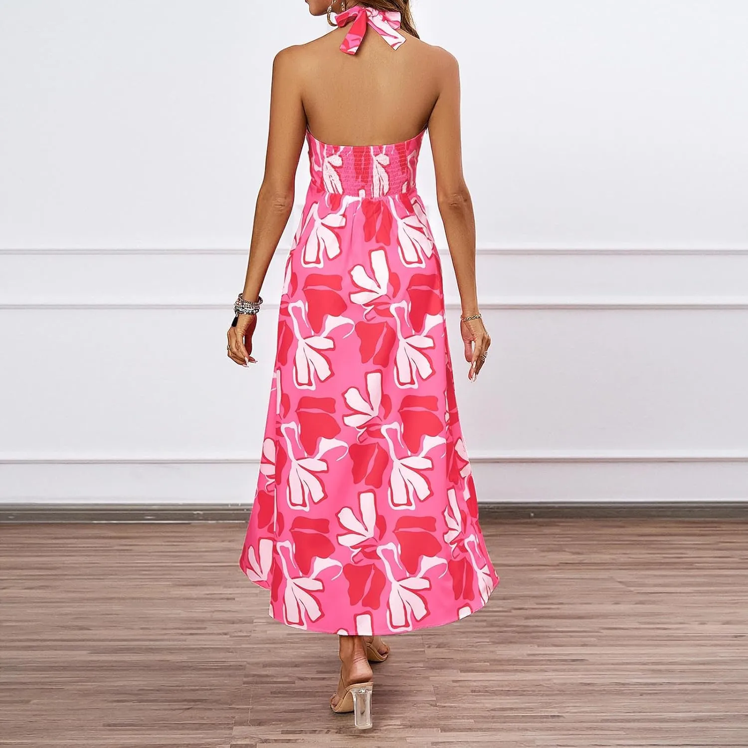 Women's Fashion Halter Dress Floral Print Casual Loose A-line Dresses Summer Trendy Flowy Beach Sundress