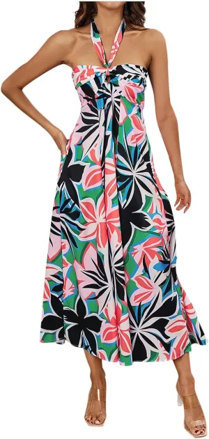 Women's Fashion Halter Dress Floral Print Casual Loose A-line Dresses Summer Trendy Flowy Beach Sundress