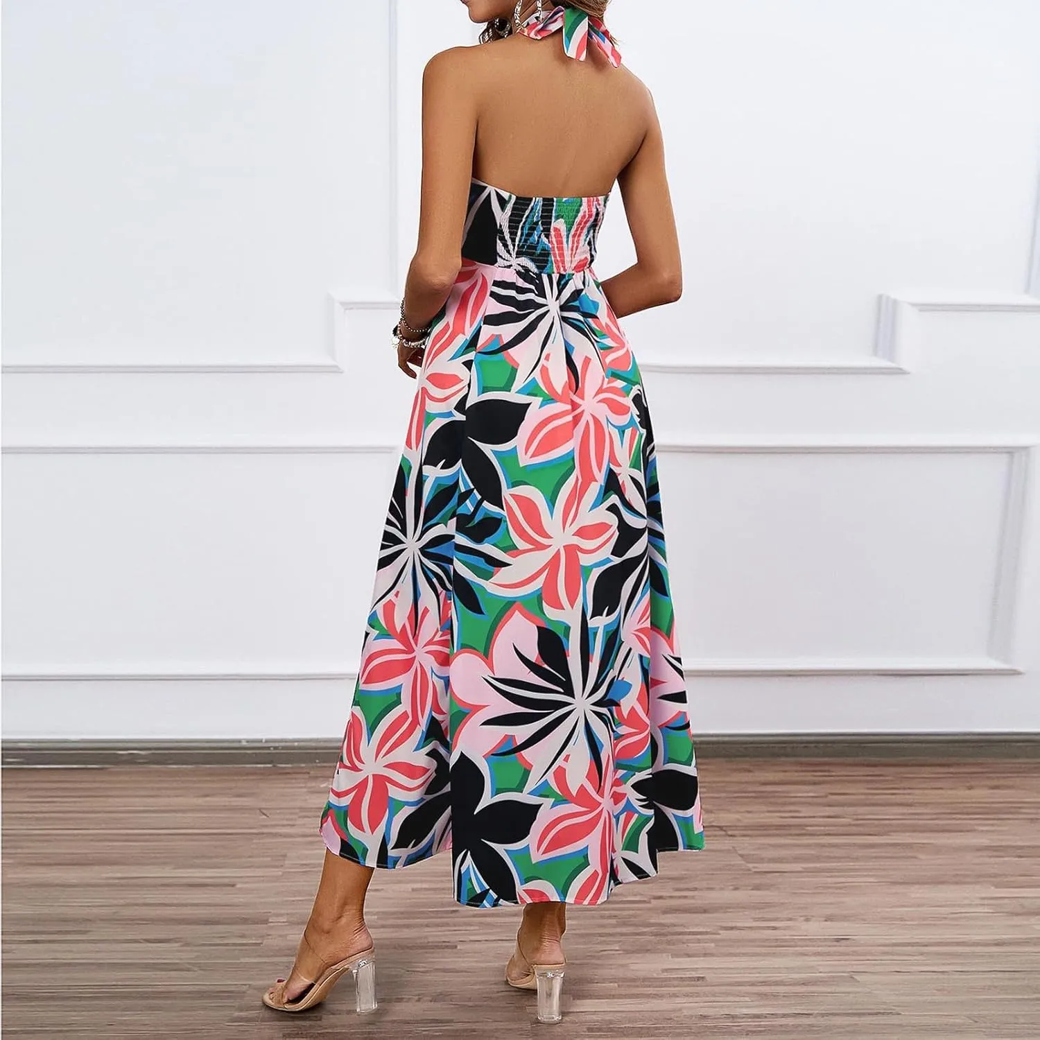 Women's Fashion Halter Dress Floral Print Casual Loose A-line Dresses Summer Trendy Flowy Beach Sundress
