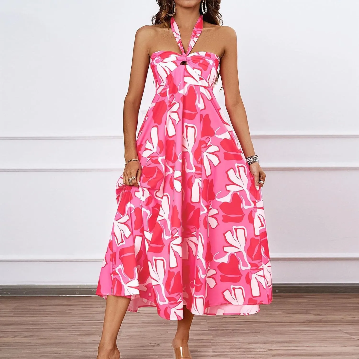 Women's Fashion Halter Dress Floral Print Casual Loose A-line Dresses Summer Trendy Flowy Beach Sundress