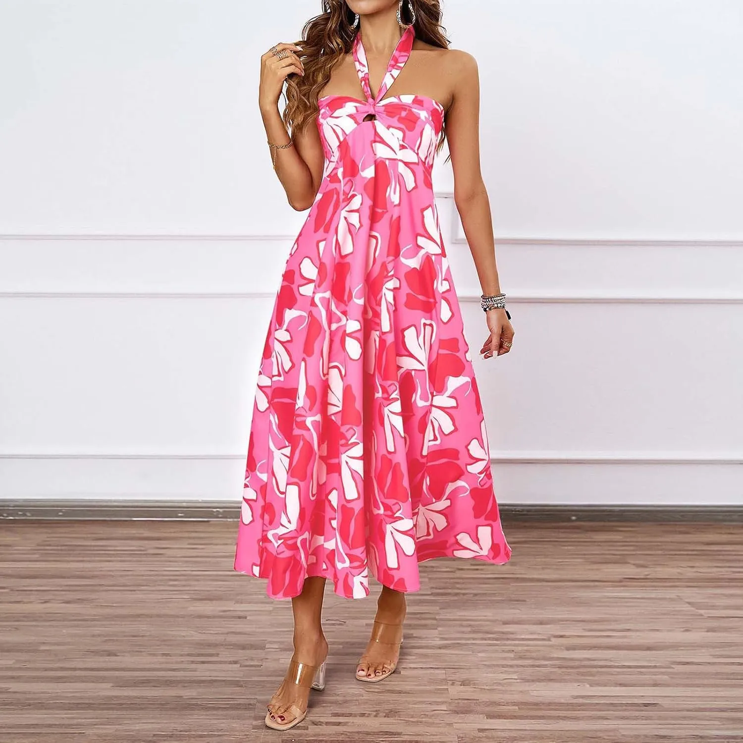 Women's Fashion Halter Dress Floral Print Casual Loose A-line Dresses Summer Trendy Flowy Beach Sundress