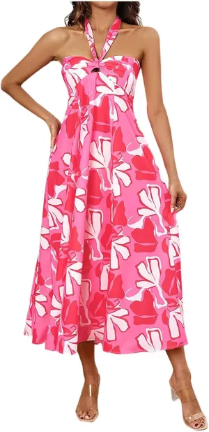 Women's Fashion Halter Dress Floral Print Casual Loose A-line Dresses Summer Trendy Flowy Beach Sundress