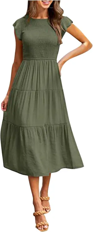 Women's Flutter Short-Sleeved Swing Dress Smocked Ruched Layered A Line Dresses Square Neck High Waist Midi Dress