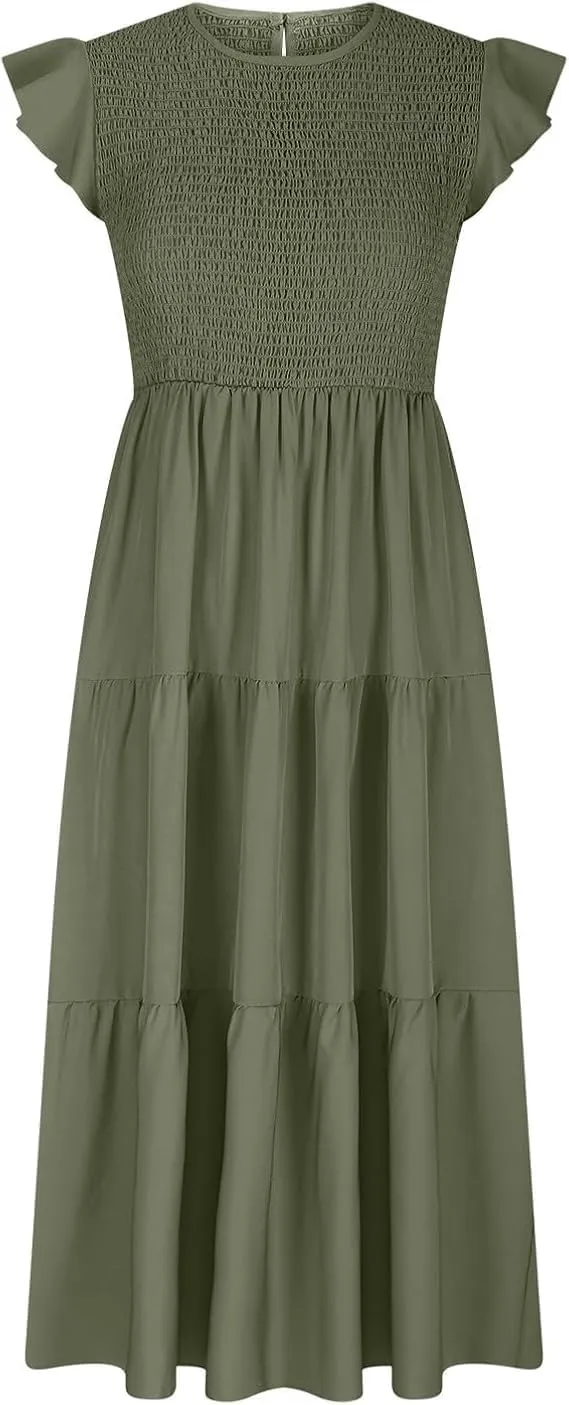Women's Flutter Short-Sleeved Swing Dress Smocked Ruched Layered A Line Dresses Square Neck High Waist Midi Dress