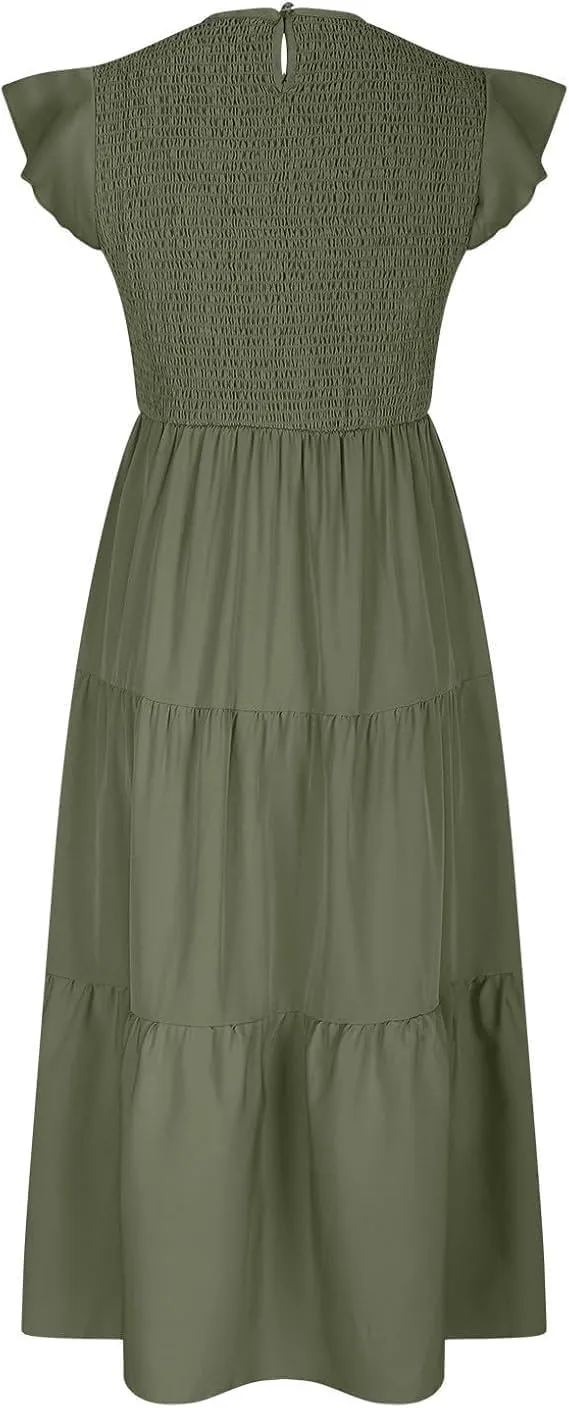 Women's Flutter Short-Sleeved Swing Dress Smocked Ruched Layered A Line Dresses Square Neck High Waist Midi Dress