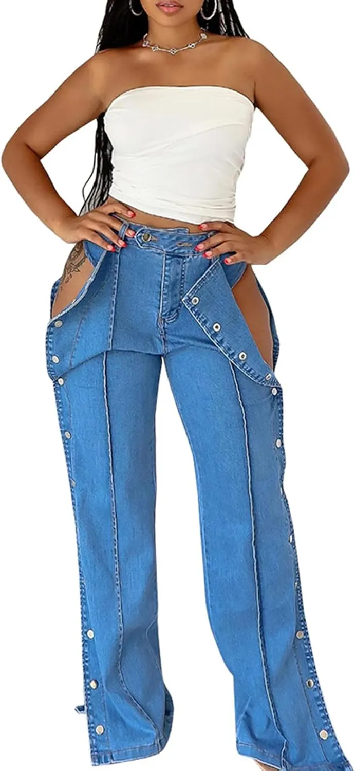 Womens High Waisted Jeans Cut Out Sides Button Down Denim Pants Stretchy Skinny Jeans Trendy Streetwear