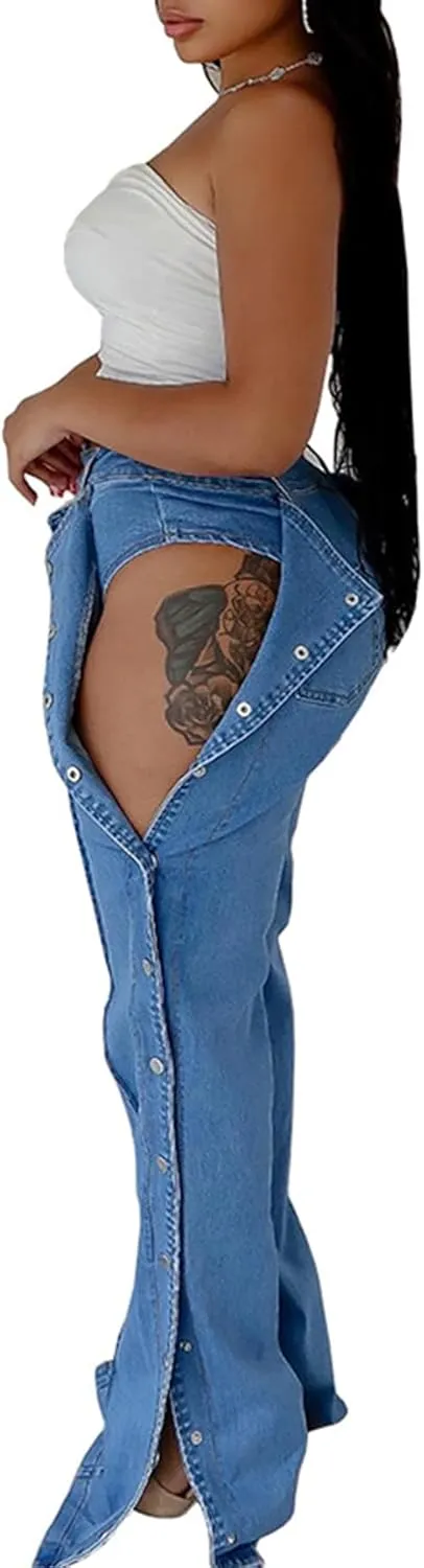 Womens High Waisted Jeans Cut Out Sides Button Down Denim Pants Stretchy Skinny Jeans Trendy Streetwear