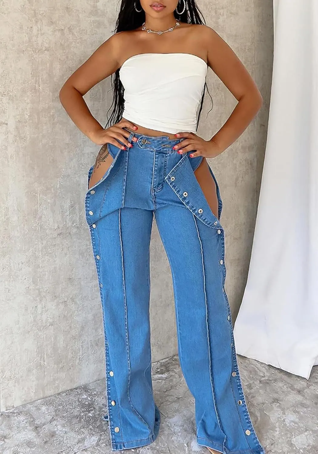 Womens High Waisted Jeans Cut Out Sides Button Down Denim Pants Stretchy Skinny Jeans Trendy Streetwear