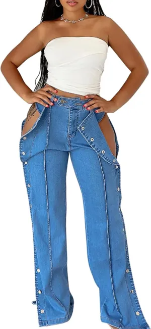 Womens High Waisted Jeans Cut Out Sides Button Down Denim Pants Stretchy Skinny Jeans Trendy Streetwear