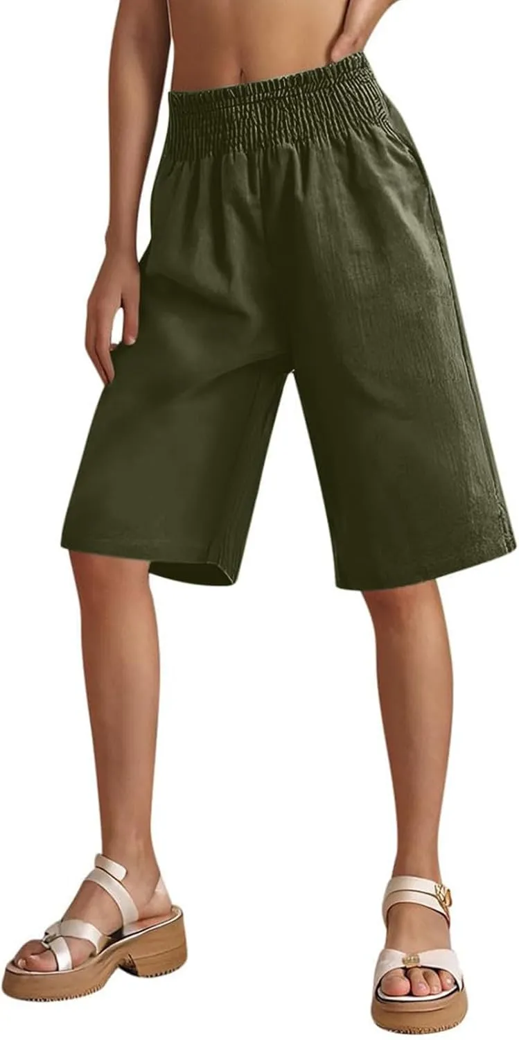 Womens High Waisted Shorts,Bermuda Shorts for Women, Wide Leg Knee Length Linen Causal Comfy Summer Pants with Pockets