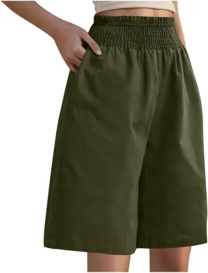 Womens High Waisted Shorts,Bermuda Shorts for Women, Wide Leg Knee Length Linen Causal Comfy Summer Pants with Pockets