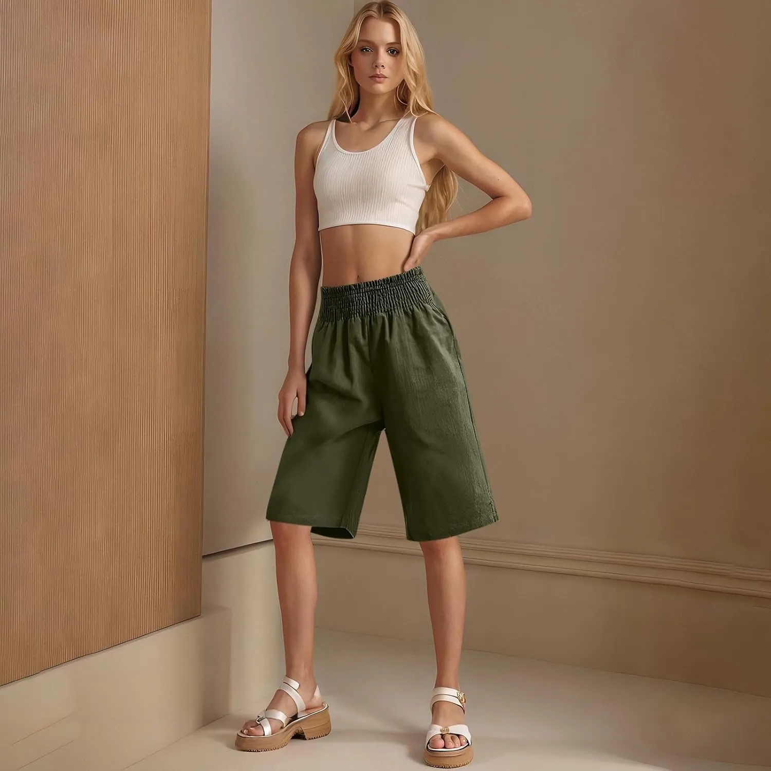Womens High Waisted Shorts,Bermuda Shorts for Women, Wide Leg Knee Length Linen Causal Comfy Summer Pants with Pockets