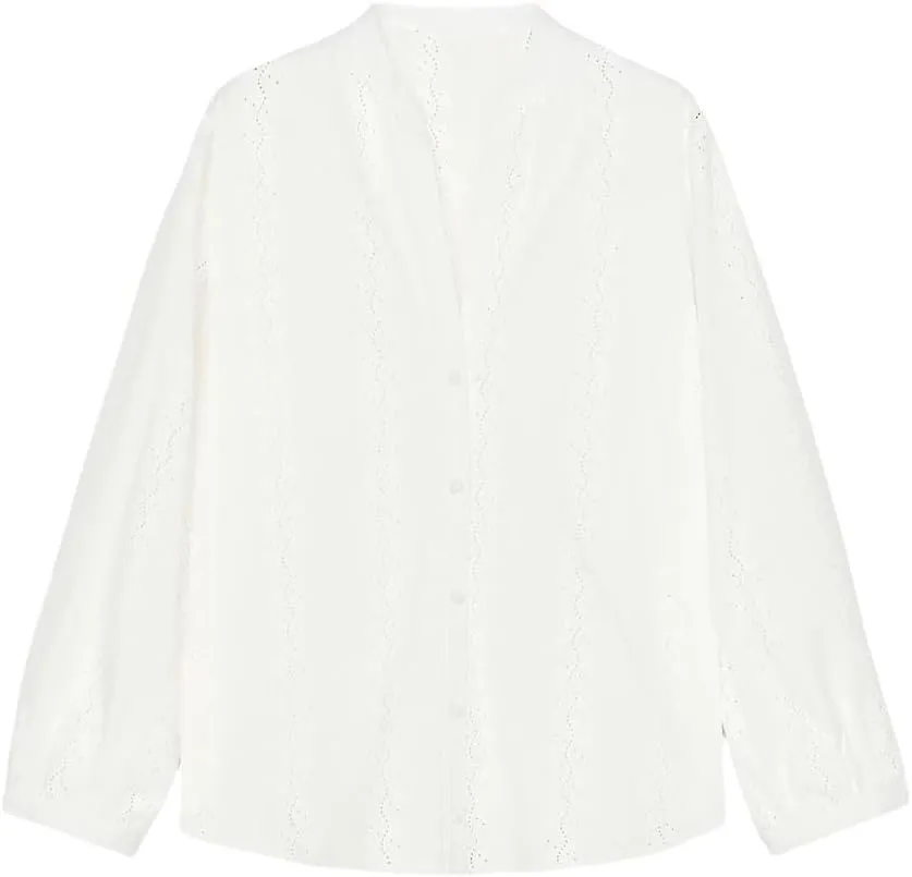 Women's Lace Striped Long Sleeve Shirt V Neck Button Down Blouse Loose Fit Casual Semi-Formal Top