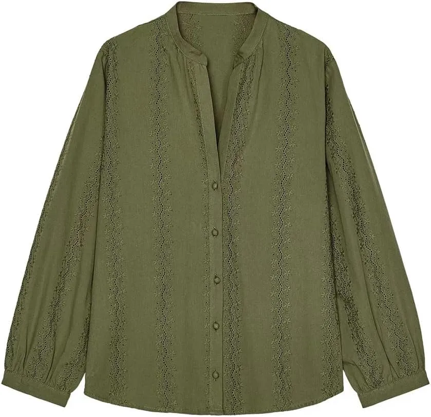 Women's Lace Striped Long Sleeve Shirt V Neck Button Down Blouse Loose Fit Casual Semi-Formal Top