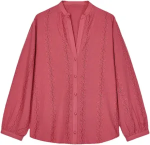 Women's Lace Striped Long Sleeve Shirt V Neck Button Down Blouse Loose Fit Casual Semi-Formal Top