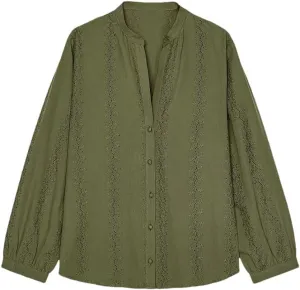 Women's Lace Striped Long Sleeve Shirt V Neck Button Down Blouse Loose Fit Casual Semi-Formal Top