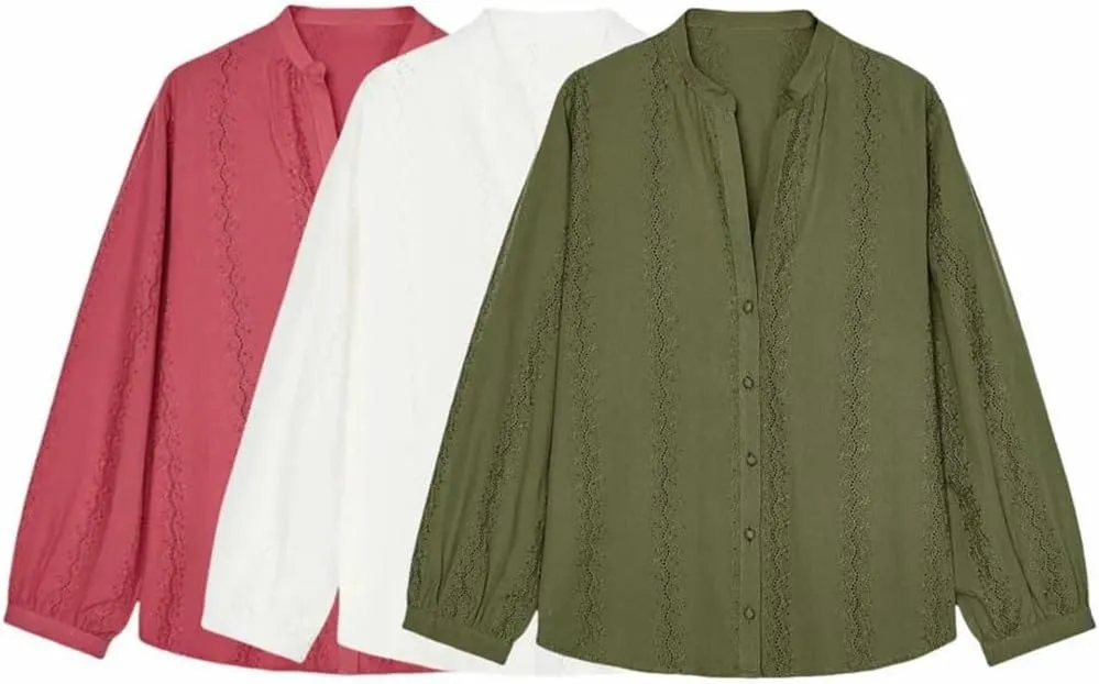 Women's Lace Striped Long Sleeve Shirt V Neck Button Down Blouse Loose Fit Casual Semi-Formal Top
