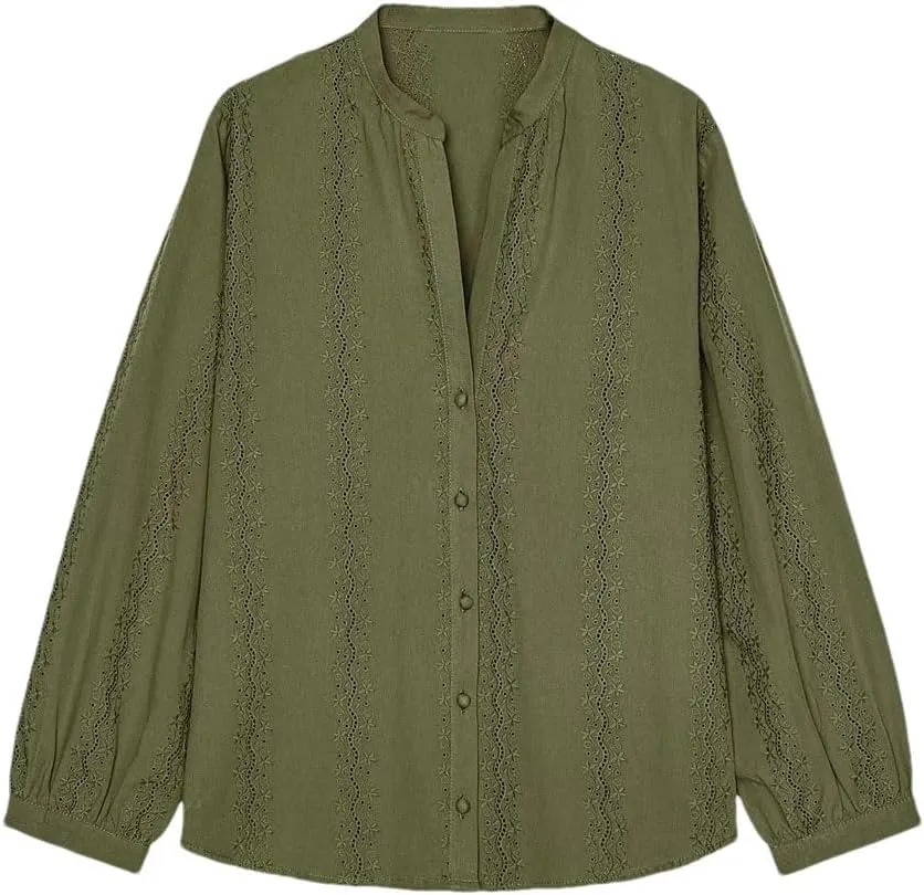 Women's Lace Striped Long Sleeve Shirt V Neck Button Down Blouse Loose Fit Casual Semi-Formal Top