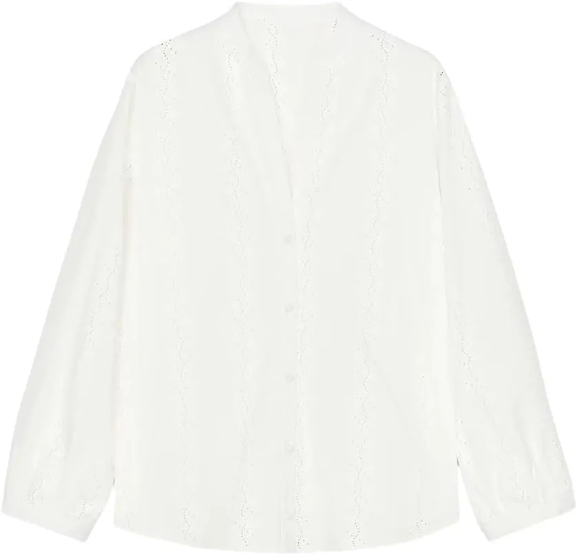 Women's Lace Striped Long Sleeve Shirt V Neck Button Down Blouse Loose Fit Casual Semi-Formal Top